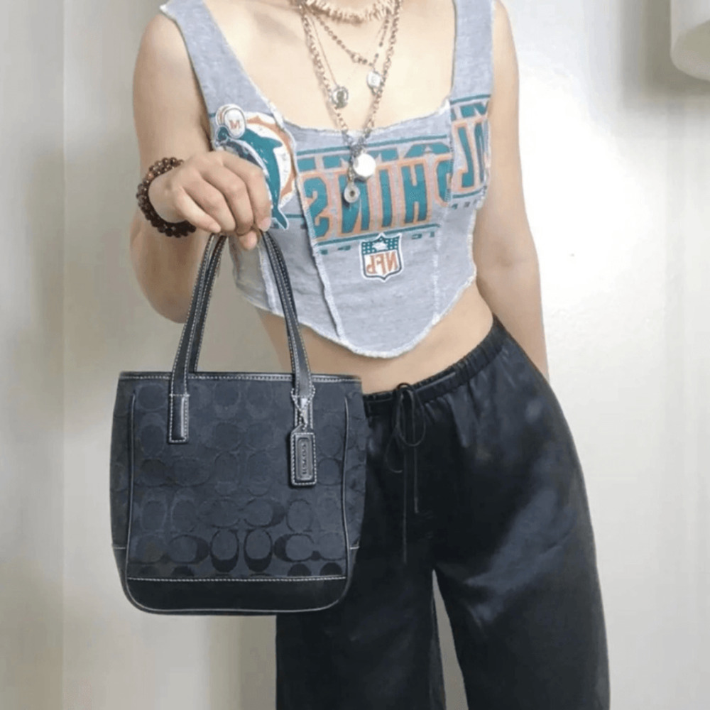 COACH MINI LUNCH TOTE IN BLACK SIGNATURE CANVAS 6087 - Picture 2 of 9